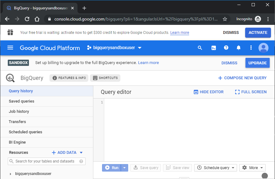 BigQuery UI Sandbox