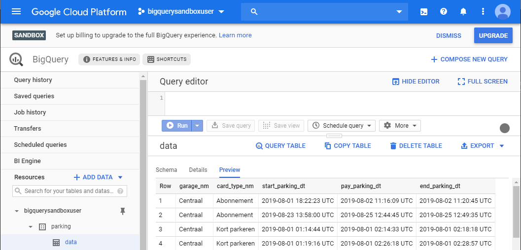 BigQuery table preview