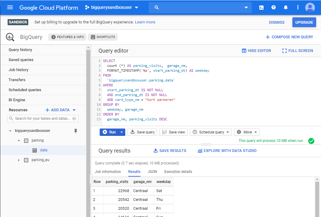 BigQuery results showing garage visits per day of the week